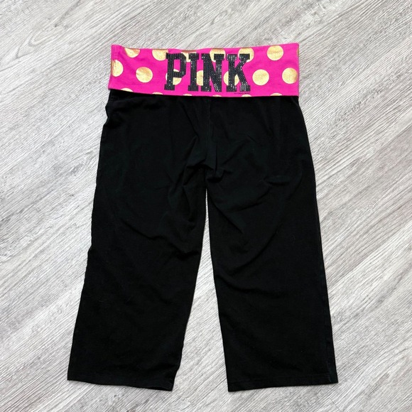 PINK Victoria's Secret Pants - Victorias Secret PINK Y2K Yoga Crop Pants Fold Over Pink Gold Polka Dot Bling LG